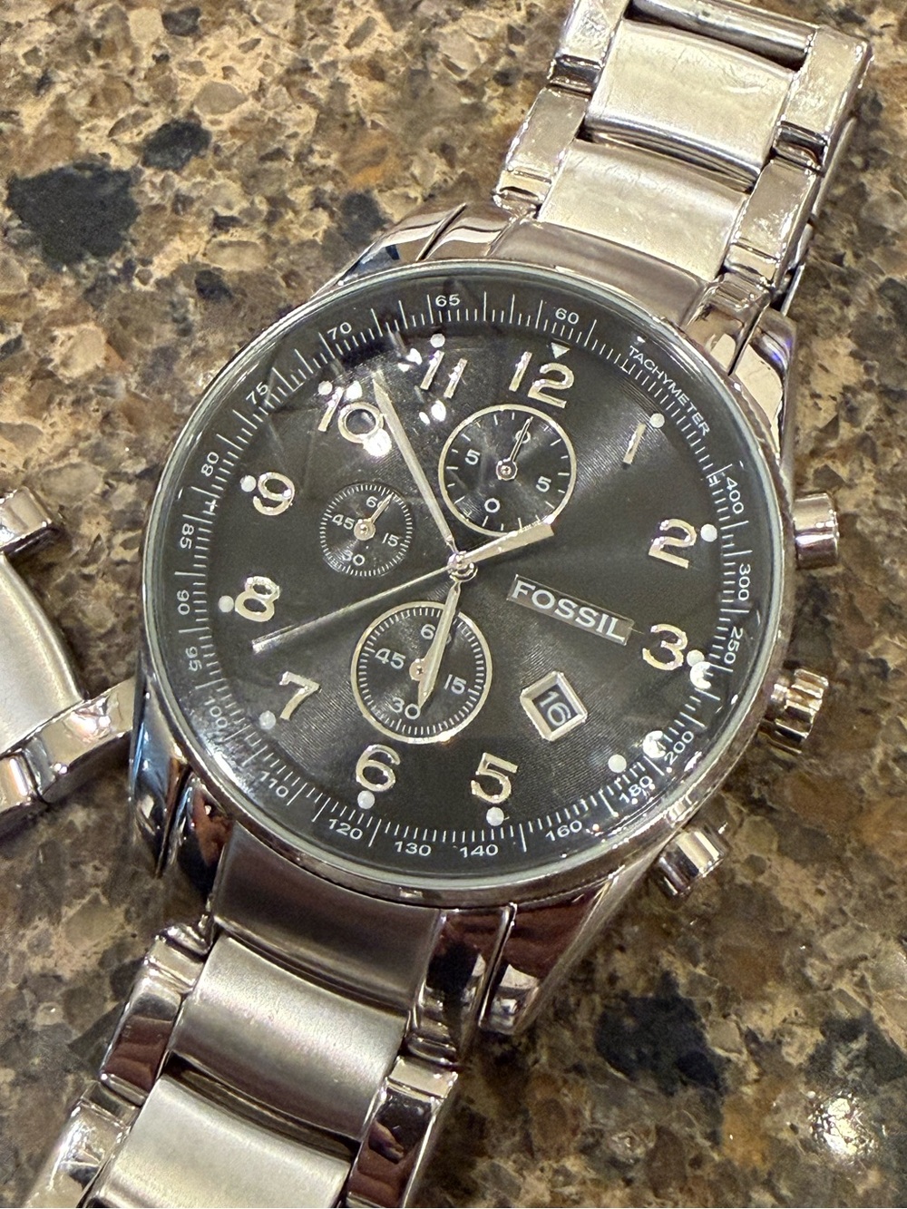 Fossil Men's chronograph watch, stainless steel with black dial. EUC